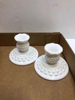 Milk glass candle stick holders, center piece, serving plate