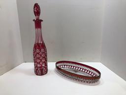 Red depression glass decanter, dish