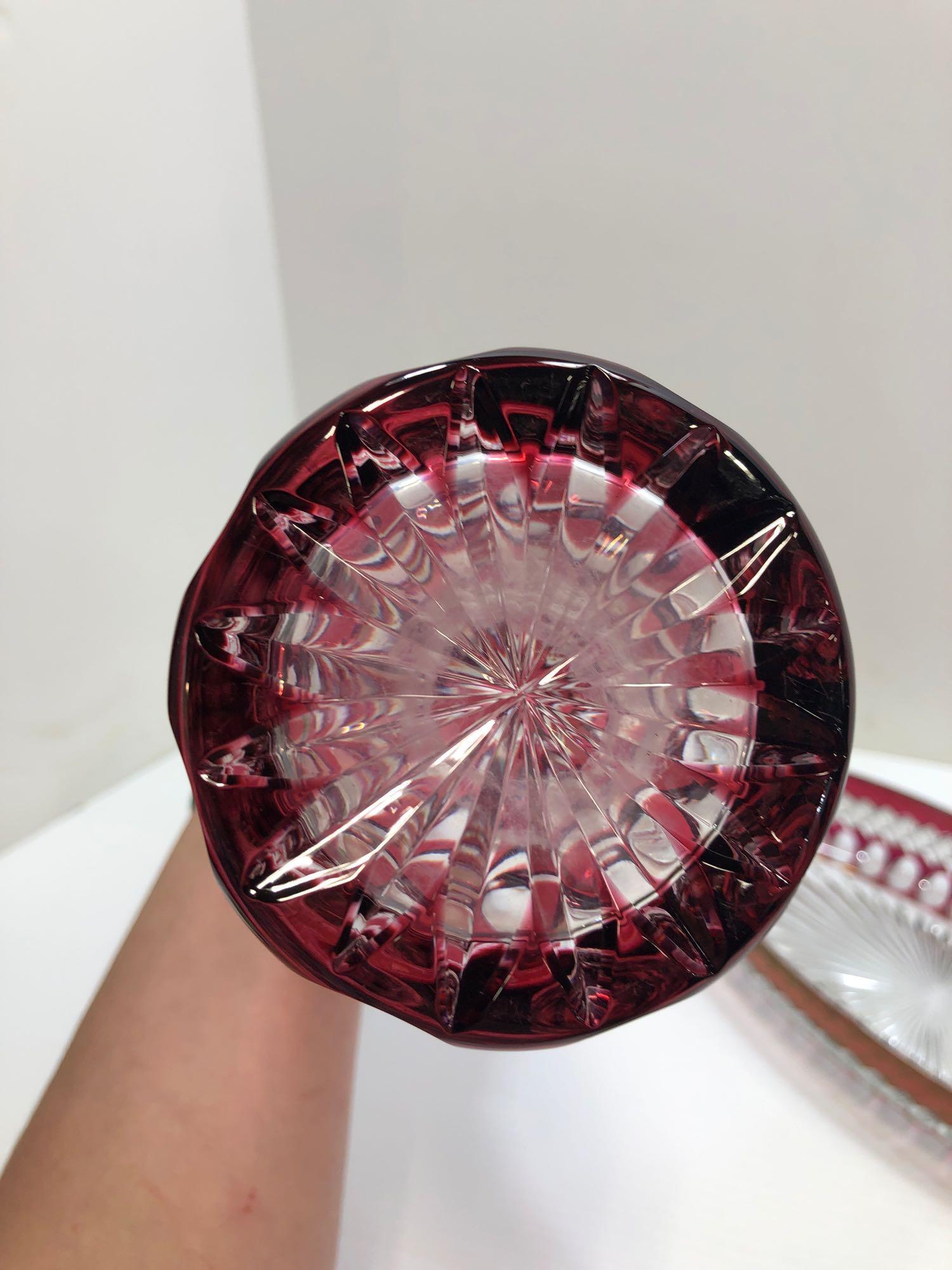 Red depression glass decanter, dish