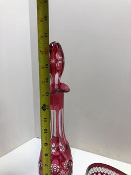 Red depression glass decanter, dish