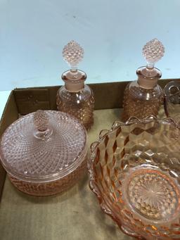 Pink glass decanters, covered dish, candy bowls
