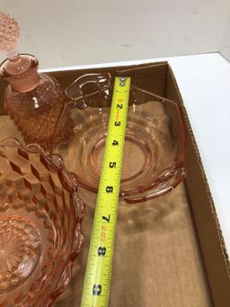 Pink glass decanters, covered dish, candy bowls