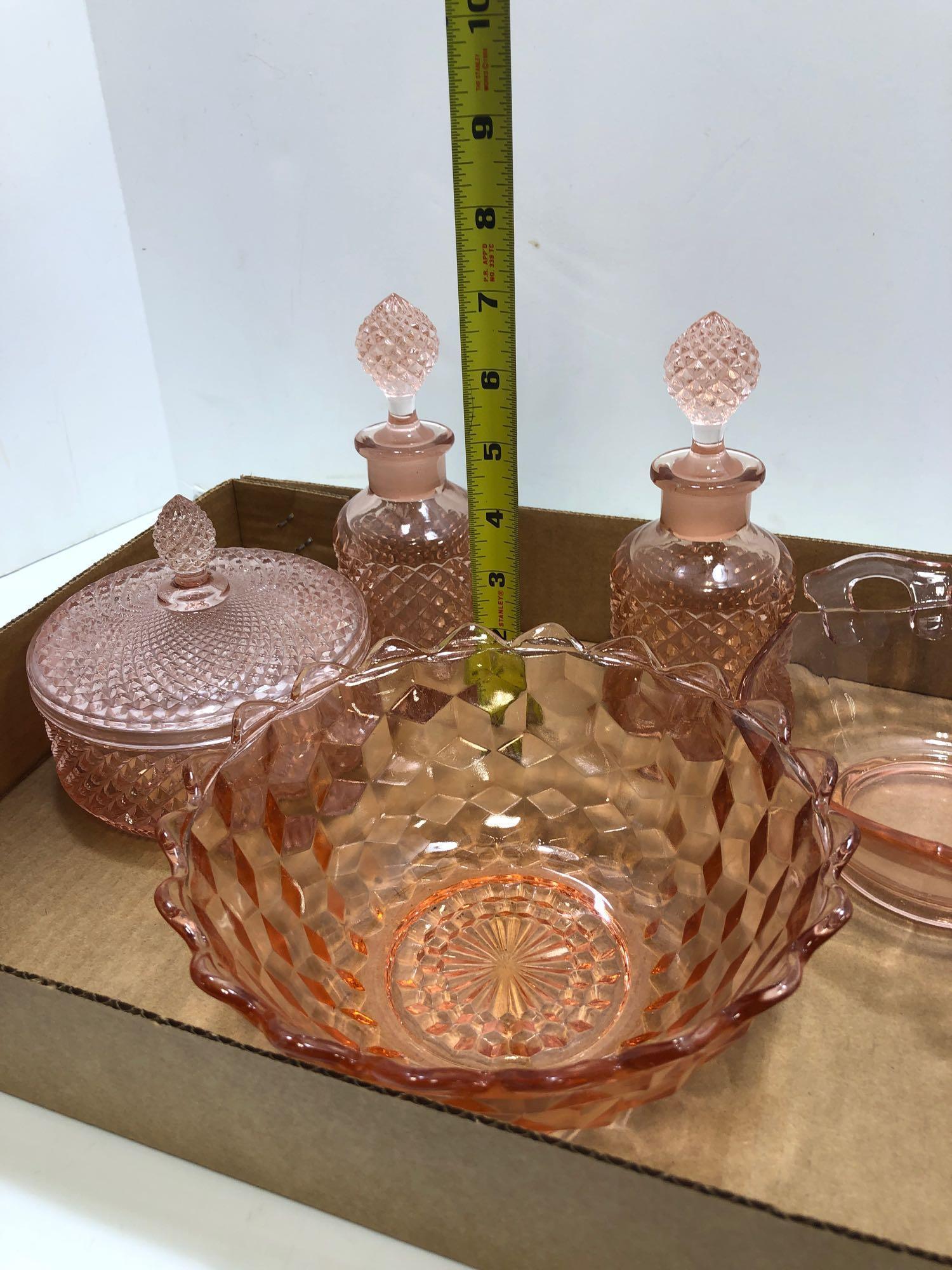 Pink glass decanters, covered dish, candy bowls