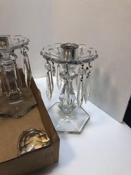 Crystal decanter, pitcher, candle sticks, more