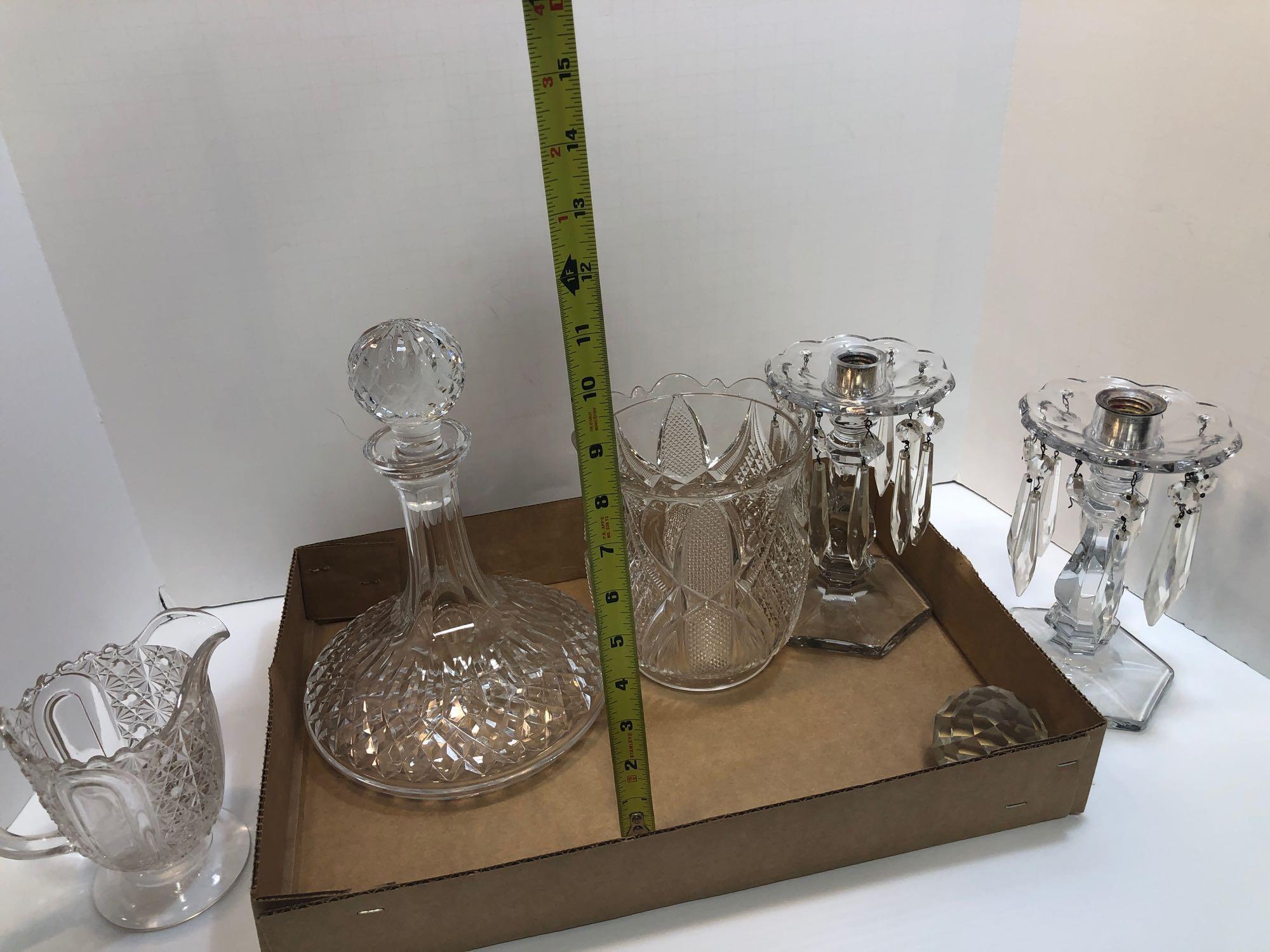 Crystal decanter, pitcher, candle sticks, more