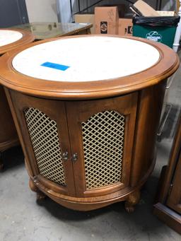 Matching round drum style end tables with composite marble tops Some scratches