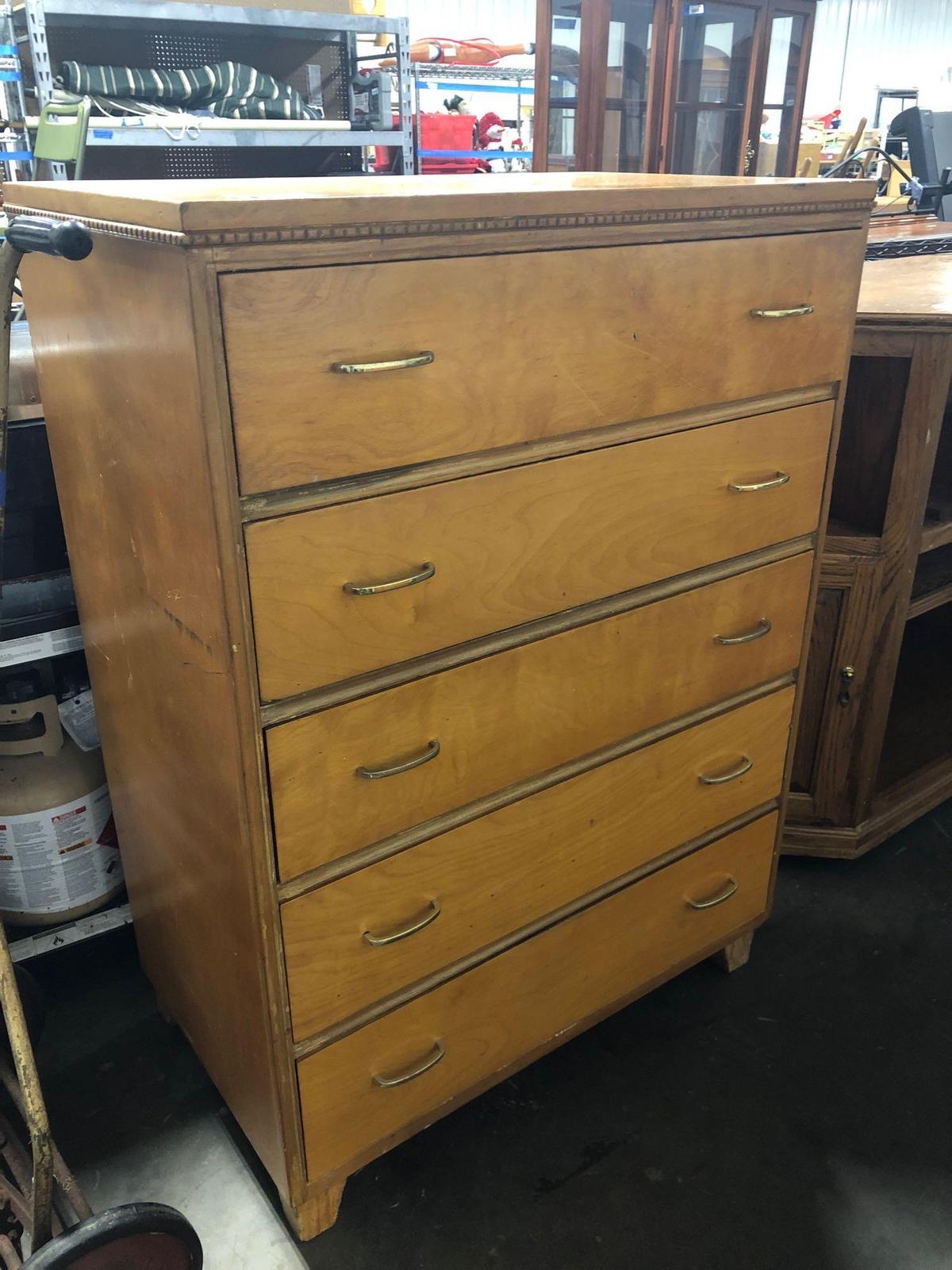 36 inch wide by 50 inch tall by 21 inch deep five drawer dresser