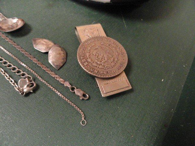GROUP OF STERLING TO INCLUDE SPOON PIN BRACELETS CUFFLINGS MONEY CLIP TOTAL