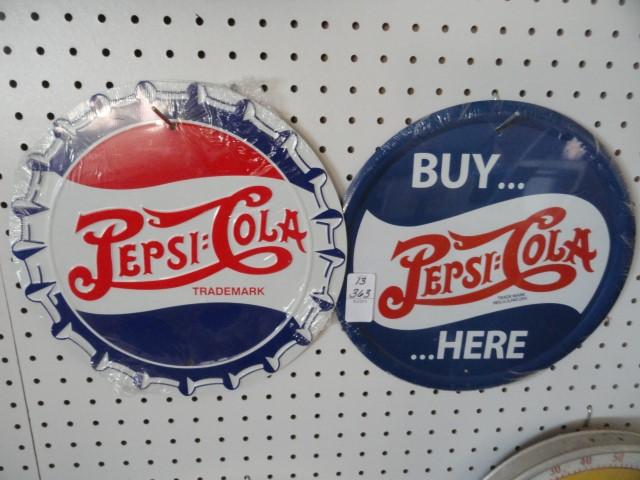 TWO REPRODUCTION PEPSI SIGNS APPROX 12" EACH