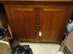 ANTIQUE JELLY CUPBOARD AND CONTENTS APPROX 57 X 46 X 12