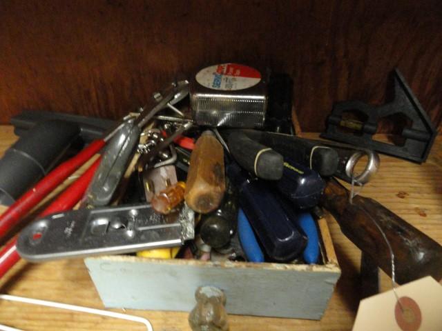 CONTENTS OF THREE SHELVES TO INCLUDE LANTERNS LIGHTS HANDTOOLS AND MISC