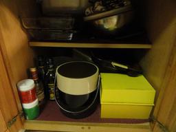 DRAWER FULL OF MISC ITEMS  AND CABINET OF ICE BUCKETS AND BOWLS AND MORE