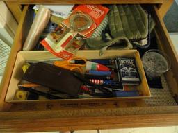 DRAWER FULL OF MISC ITEMS  AND CABINET OF ICE BUCKETS AND BOWLS AND MORE