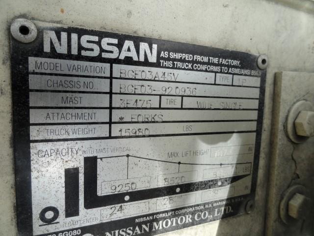 #2802 100 NISSAN FORKLIFT 187" BGF03 920936 LIFT 9250 3 MAST 5973 HRS NISSA