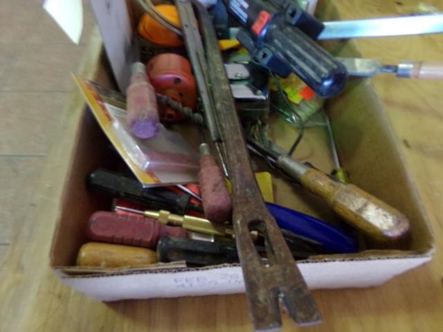 BOX LOT TOOLS INCLUDING CALIPERS SCREWDRIVERS TAPE MEASURES CLAMPS FILES AN