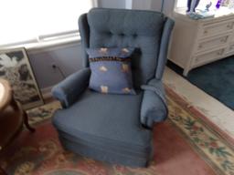 TWO ROLLED ARM RECLINERS BLUE WITH MARBLE TOP TABLE