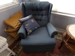 TWO ROLLED ARM RECLINERS BLUE WITH MARBLE TOP TABLE