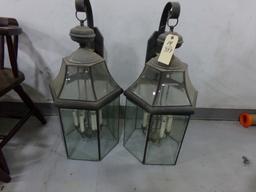 TWO WALL MOUNTED LIGHT FIXTURES WITH BEVELED GLASS AND 6 ELECTRIC CANDLE LI