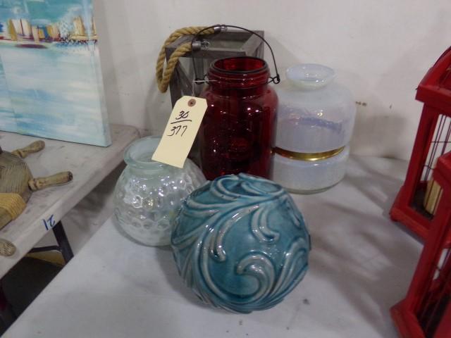 SEVERAL DECORATIVE GLASSES PCS INCLUDING RED ICE COLD DRINK JAR