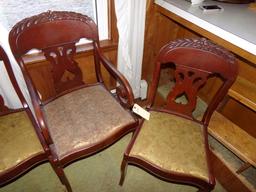 SET OF FIVE MAHOGANY CHAIRS INCLUDING ONE ARM CHAIR ONE CHAIR HAS REPAIRS