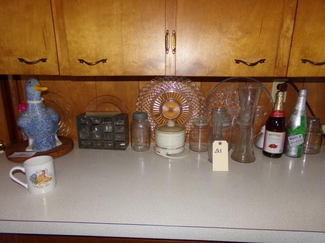 BACK KITCHEN COUNTER CONTENTS TO INCLUDE JARS CANISTERS SERVING PLATTERS AN