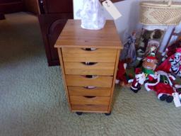 SMALL PINE SIX DRAWER CHEST FULL OF CASSETTES WITH DECORATIVE ANGEL