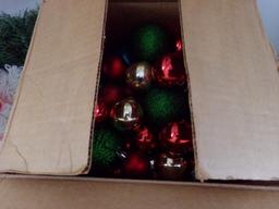 FOUR BOXES OF CHRISTMAS DECORATIONS TREE STAND ARTIFICIAL TREE AND MORE