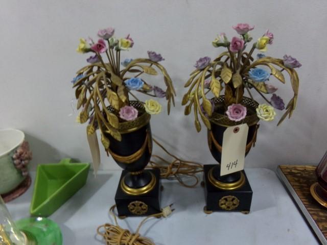 PAIR OF METAL ART LAMPS ON BLACK AND GOLD BASES