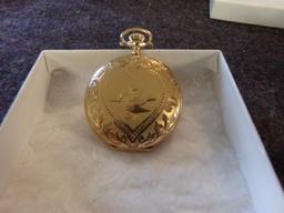 ELGIN GOLD POCKET WATCH WITH ENGRAVED LOVE BIRDS MARKED 14K  585/1000 FINE