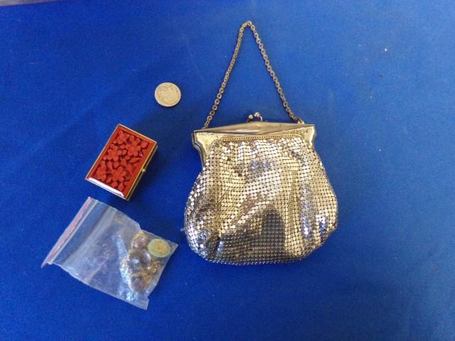 SILVER BEAD PURSE & CONTENTS-COSTUME JEWELRY& BUFFALO NICKEL