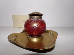 ANTIQUE ART INKWELL BRASS AND GLASS LOETZ