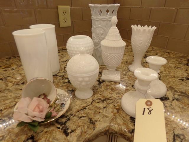 COLLECTION OF MILK GLASS TO INCLUDE CANDLE STICKS VASES COVERED PEDESTAL BO