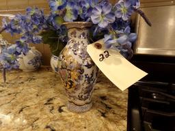 SMALL BLUE WHITE AND GOLD VASE AND BOWL WITH ARTIFICIAL FLOWERS