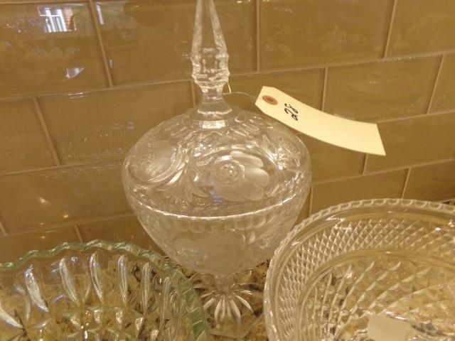 COLLECTION OF PRESSED GLASS COVERED CANDY SERVING BOWLS AND CREAM AND SUGAR