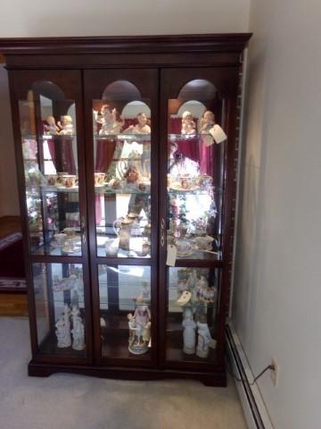 WALNUT CHINA CABINET LIGHTED GLASS SHELVES TWO DOOR APPROXIMATELY 78 INCHES