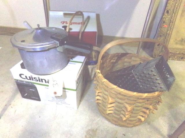 LOT UNDER TABLE INCLUDING BASKETS AND PRESSURE COOKER