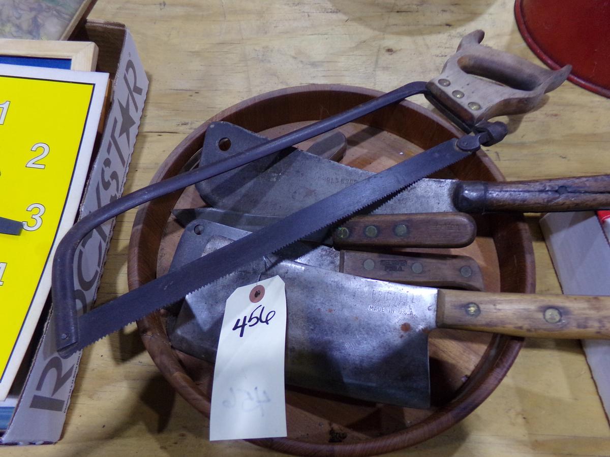 WOODEN TRAY FULL OF BUTCHERS UTENSILS