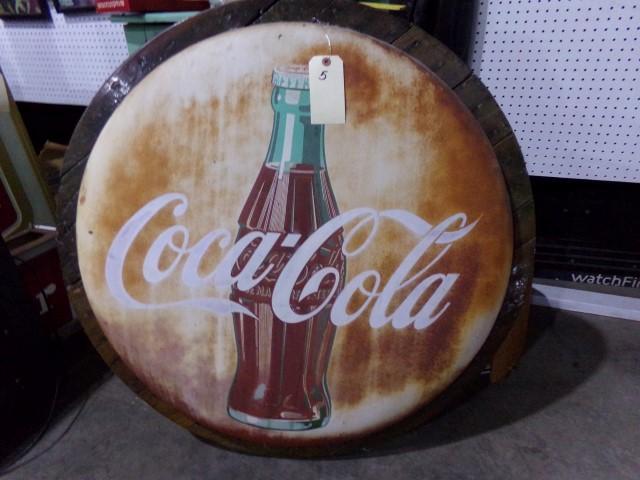 VINTAGE COCA COLA BUTTON SIGN MOUNTED ON WOOD FRAME HAS SOME RUST APPROX 48