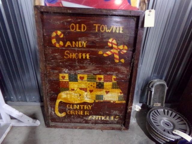 HAND MADE WOODEN SIGN OLD TOWNE CANDY SHOP COUNTRY CORNER ANTIQUE 2 SIDED A