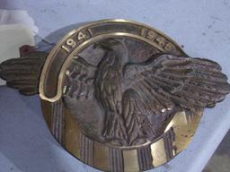 BRONZE EAGLE PLAQUE 1941-1945 ON BANK SAYS PRESENTED BY COUNTY COMMISSIONER