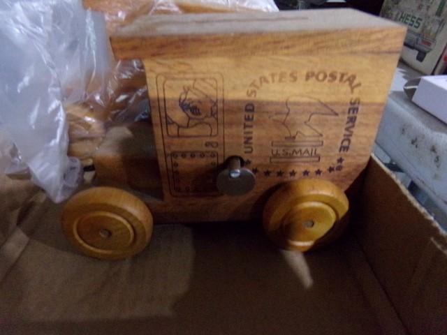 BOX LOT THREE WOODEN UNITED STATES POSTAL TRUCKS BANKS AND MUSIC BOXES