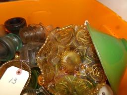 TOTE FULL OF ANTIQUE GLASS WARE INCLUDING PEDESTAL BOWLS DIAMOND PATTERN AN