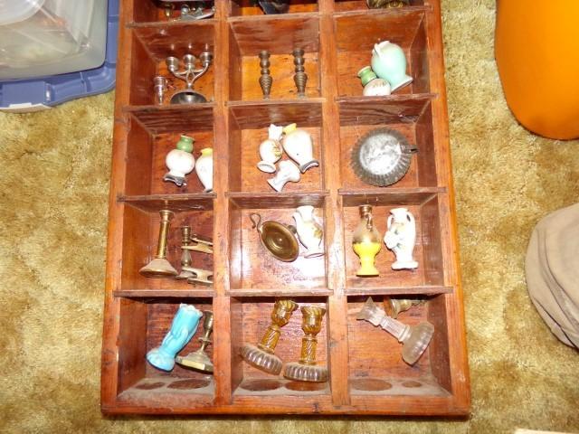 ANTIQUE PIGEON HOLE BOX WITH CANDLE HOLDERS VASES AND PLASTIC TOTE FULL OF