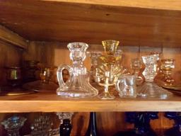 SHELF INCLUDING SHORT CANDLE HOLDERS APPROX 2 TO 4 INCHES TALL CLEAR GLASS
