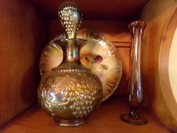 TWO SHELVES WITH GRAPE PATTERN CARNIVAL GLASS DECANTER CANDLE STICK HOLDERS