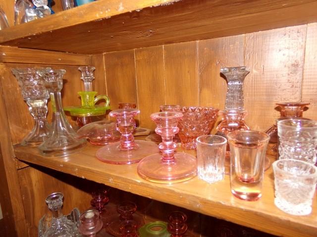 LARGE COLLECTION OF PINK GLASS CANDLE HOLDERS CANDY DISHES VASELINE GLASS A