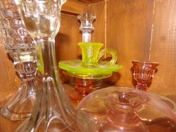 LARGE COLLECTION OF PINK GLASS CANDLE HOLDERS CANDY DISHES VASELINE GLASS A
