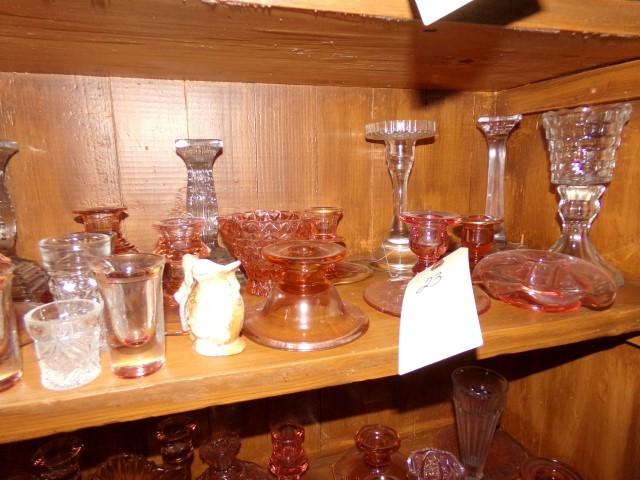 LARGE COLLECTION OF PINK GLASS CANDLE HOLDERS CANDY DISHES VASELINE GLASS A