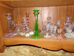 COLLECTION OF CANDLE STICK HOLDERS IN PINK GREEN AND BLUE CLEAR GLASS AND H