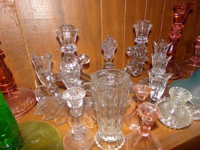 COLLECTION OF CANDLE STICK HOLDERS IN PINK GREEN AND BLUE CLEAR GLASS AND H